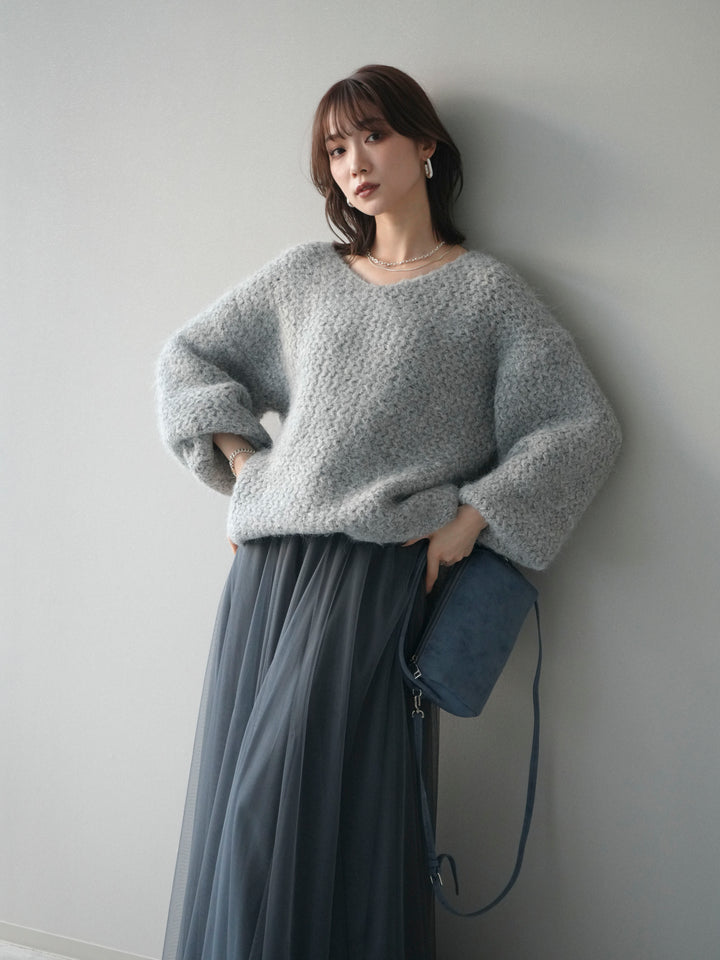 [SET]ウールタッチラメミックスヤーンVネックニットプルオーバー+チュールボリュームスカート(2set)
