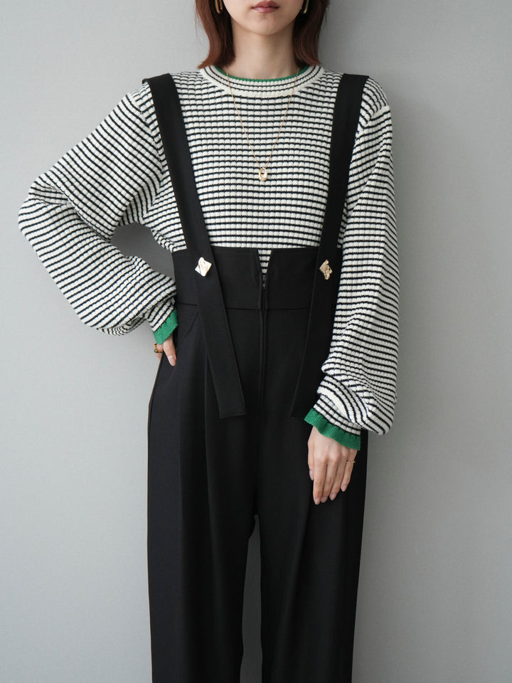 [SET]ラメ異素材ボーダーリブニットプルオーバー+ゴールドボタンサスペンダーワイドパンツ(2set)