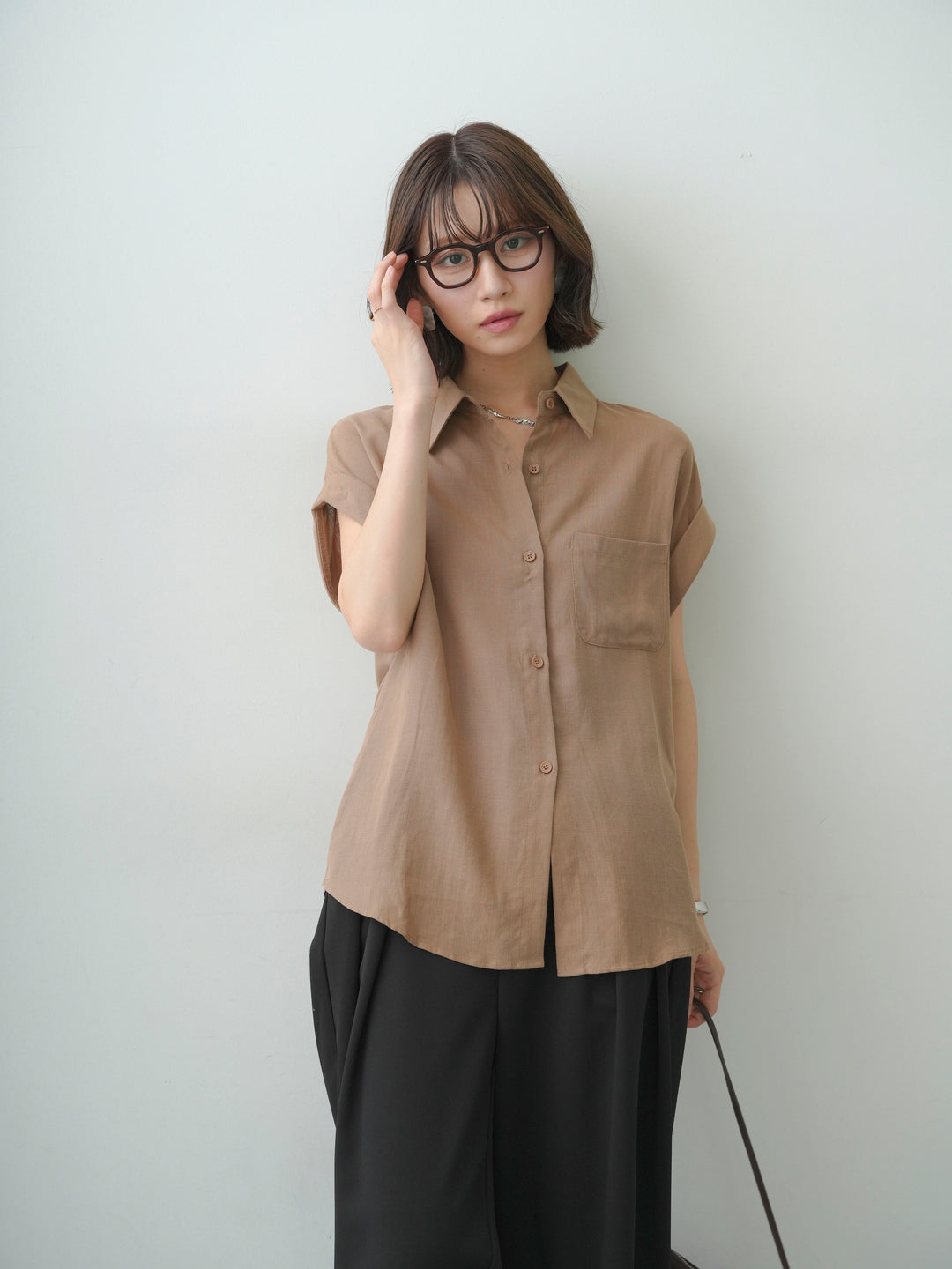 [SET]バックレースフレンチシャツ+クレープデシンタックワイドパンツ(2set)