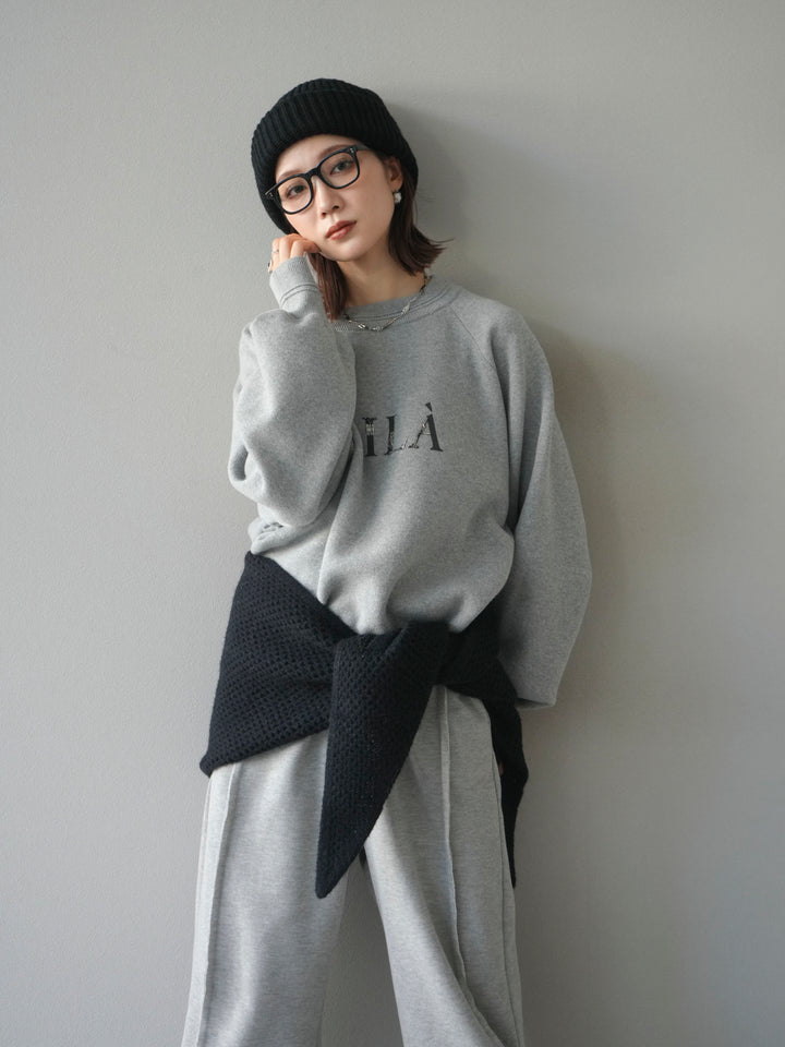 [予約]スウェットライクビーズロゴ刺繍ニットプルオーバー/mokugray