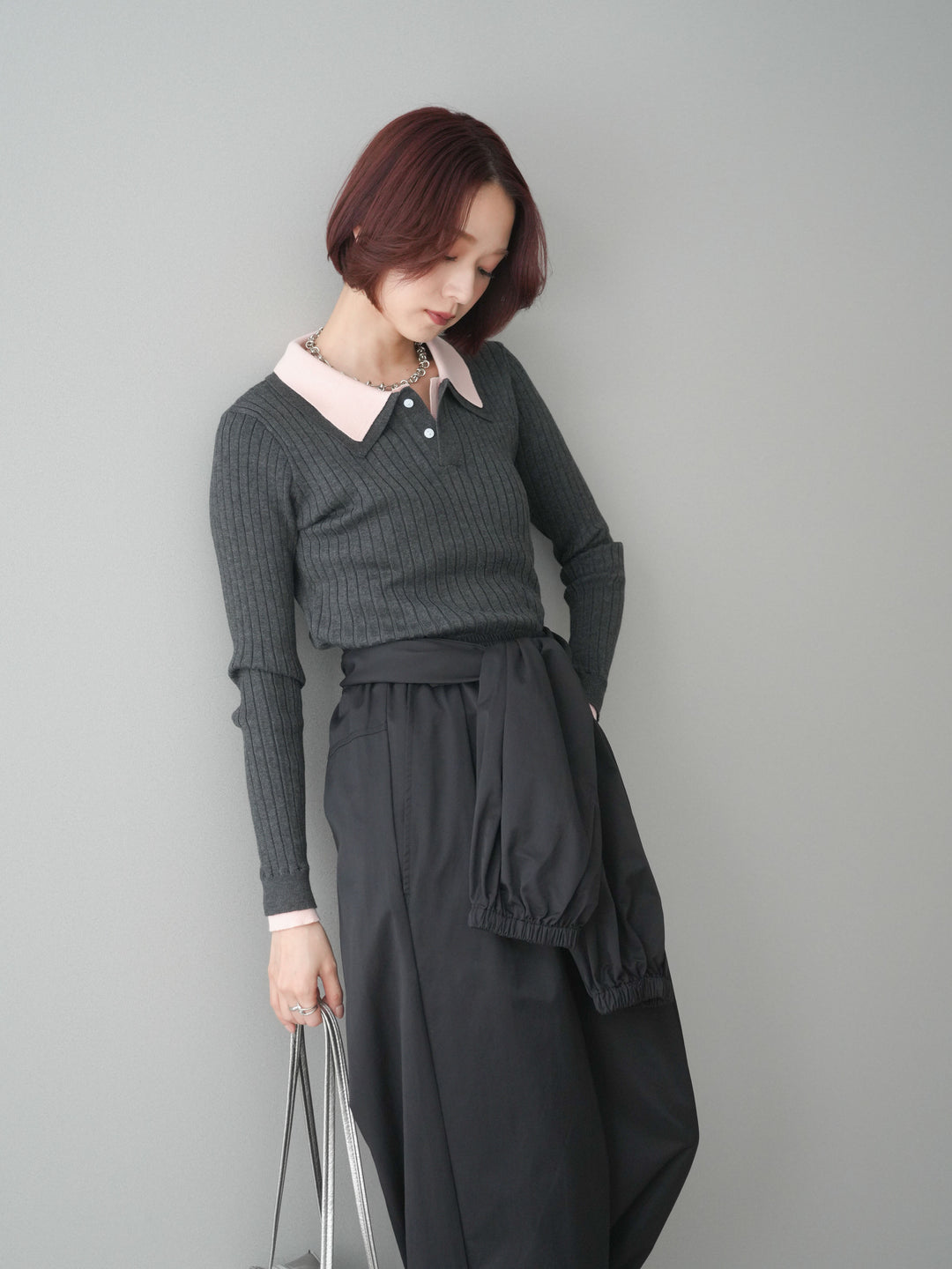 [予約]ダブル襟ポロリブニットトップス/charcoalgray