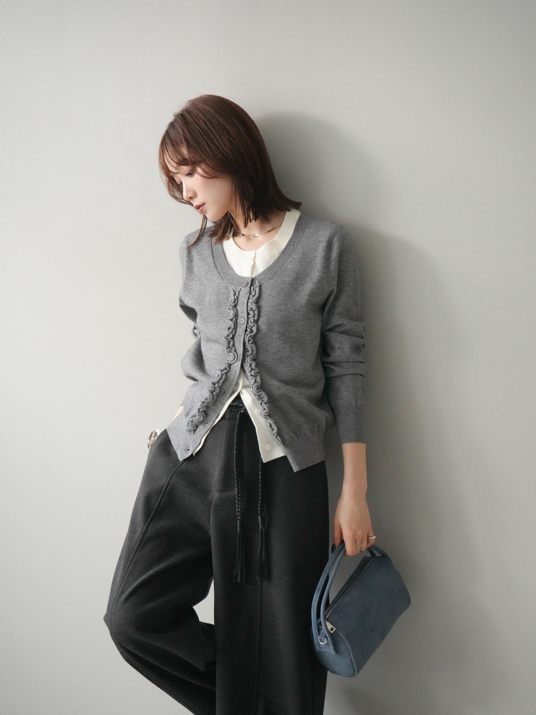 [予約]配色レイヤードフリルデザインニットカーディガン/gray