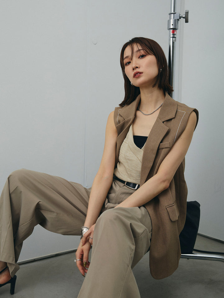 [SET]ステッチデザインベスト+リネンライクカシュクールデザインビスチェ+コクーンワイドチノパンツ(3set)