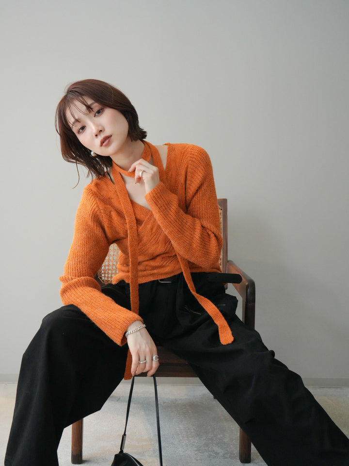 [予約]ケーブル編みクロスニットトップス/orange