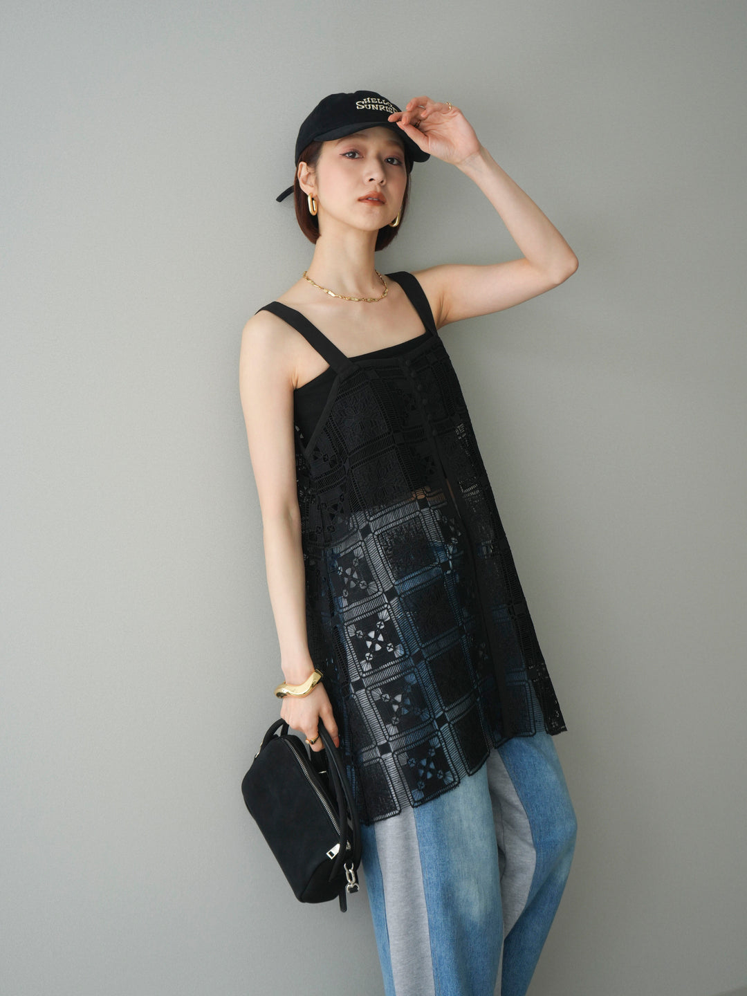 [SET]配色パネルレースキャミソール+デニム切替スウェットパンツ(2set)