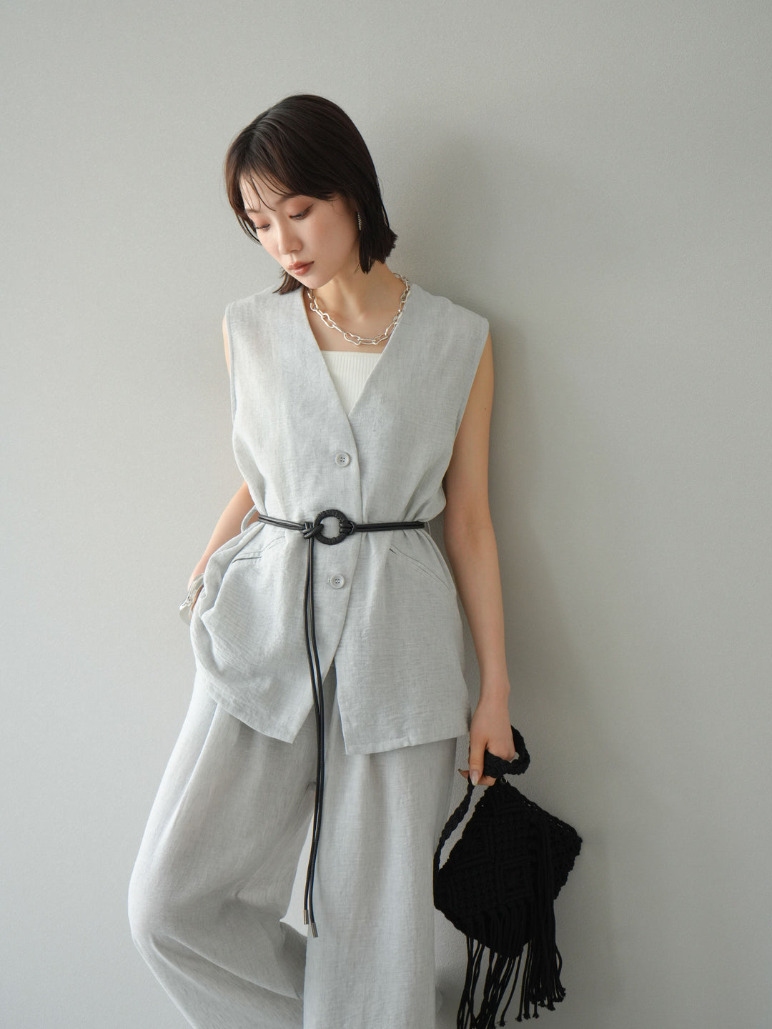 [SET]ベルト付リネンタッチベスト＆ワイドパンツSET UP(2set)