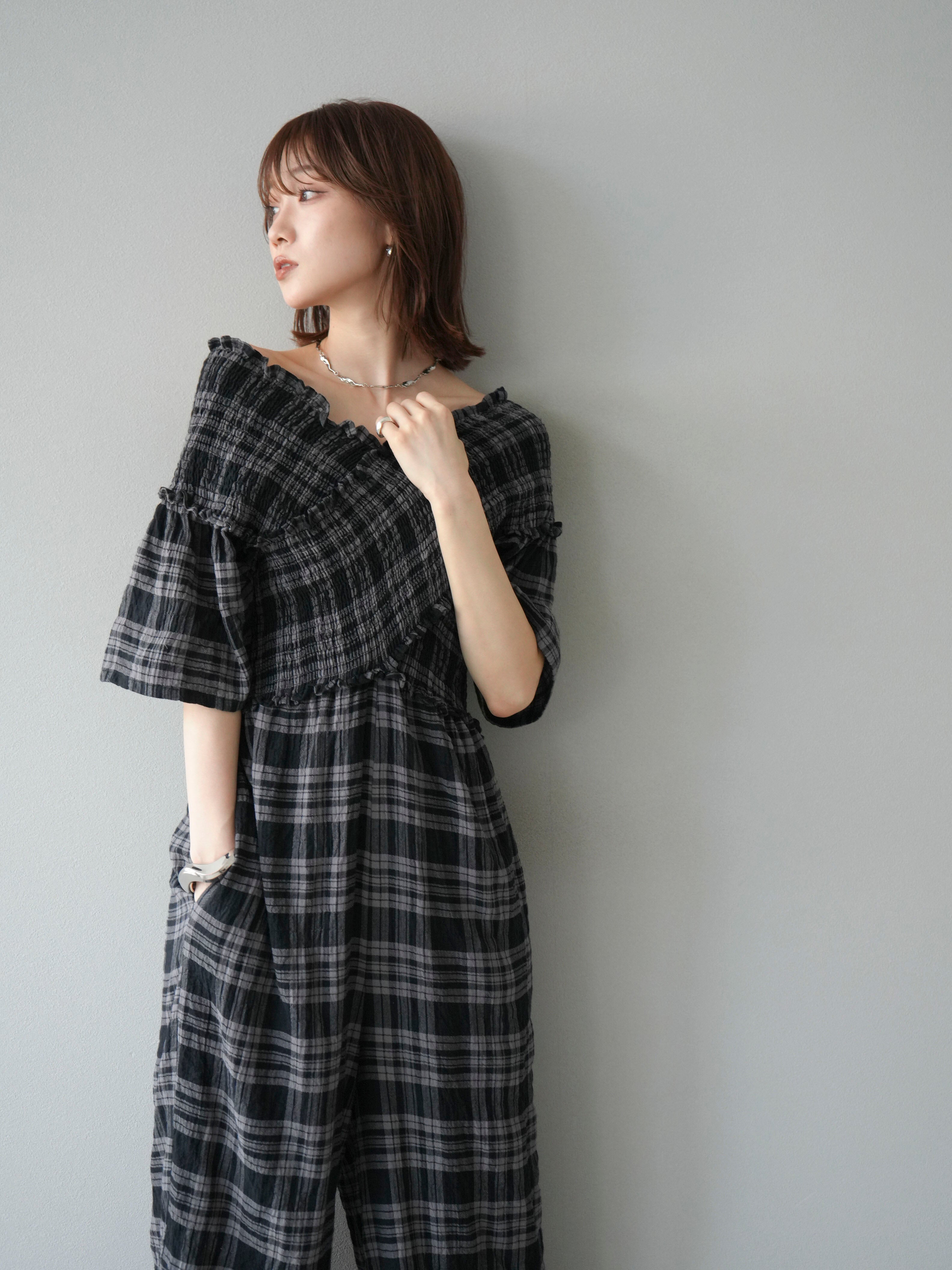 ダブルハート チェック柄サロペット SET]チェック柄ハーフスリーブシャーリングクロスサロペット+