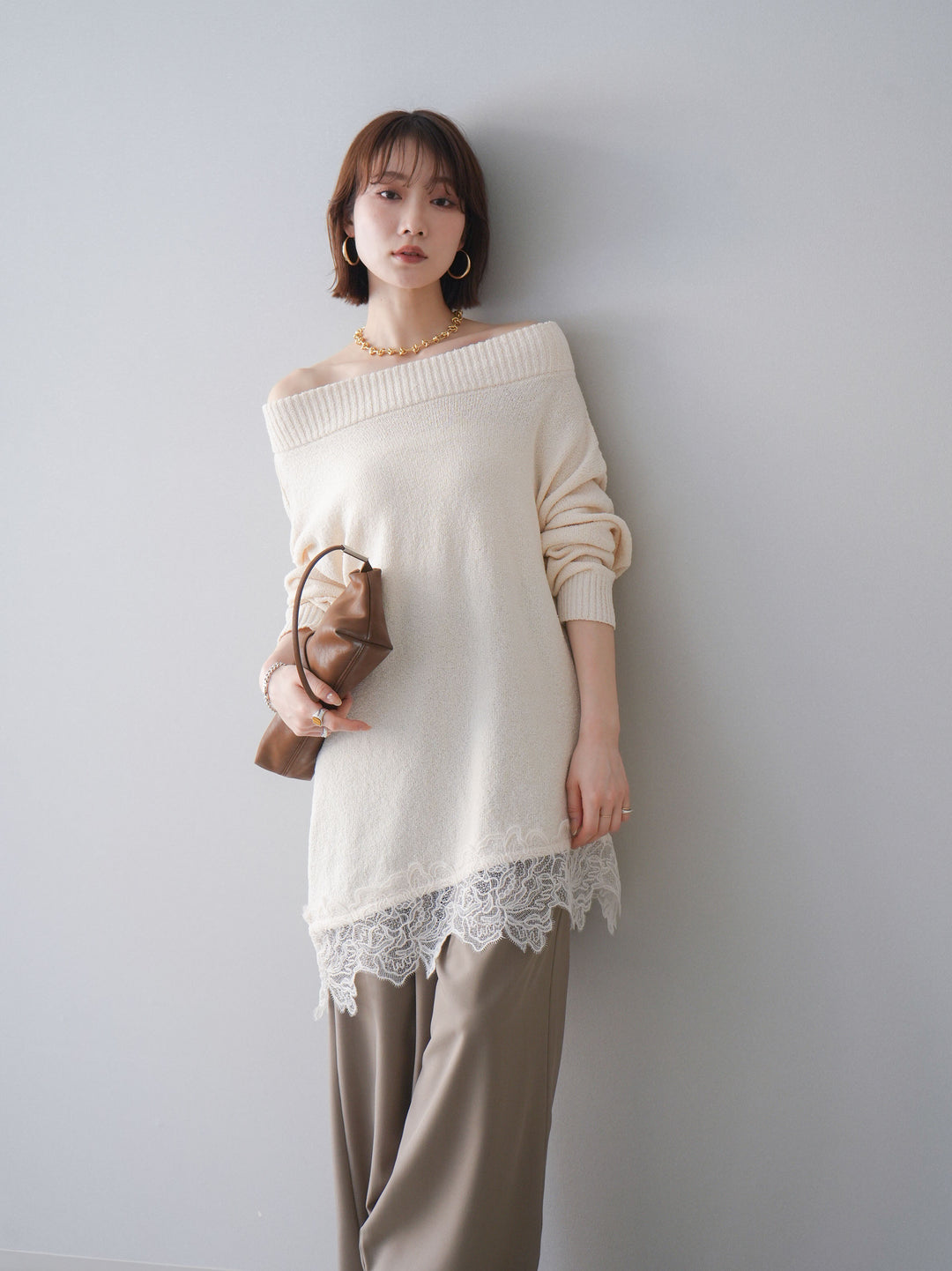 [SET]アシンメトリーレースヘムニットプルオーバー+アシンメトリーレースヘムニットプルオーバー(2set)