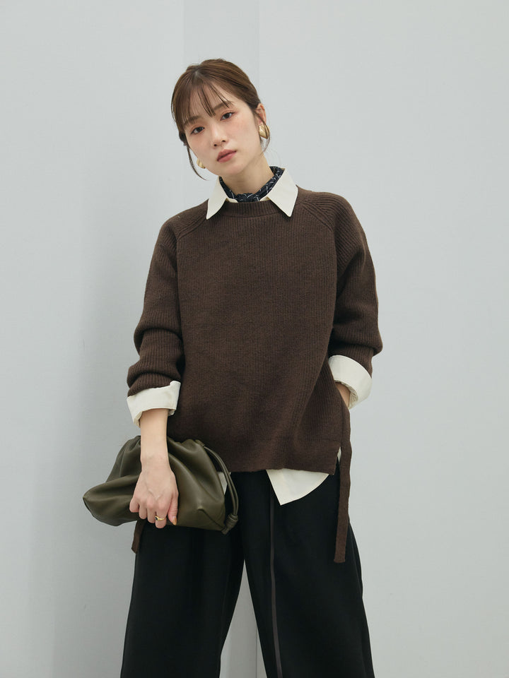 [予約]サイドスリット畦編みニットプルオーバーシャツアンサンブル/brown
