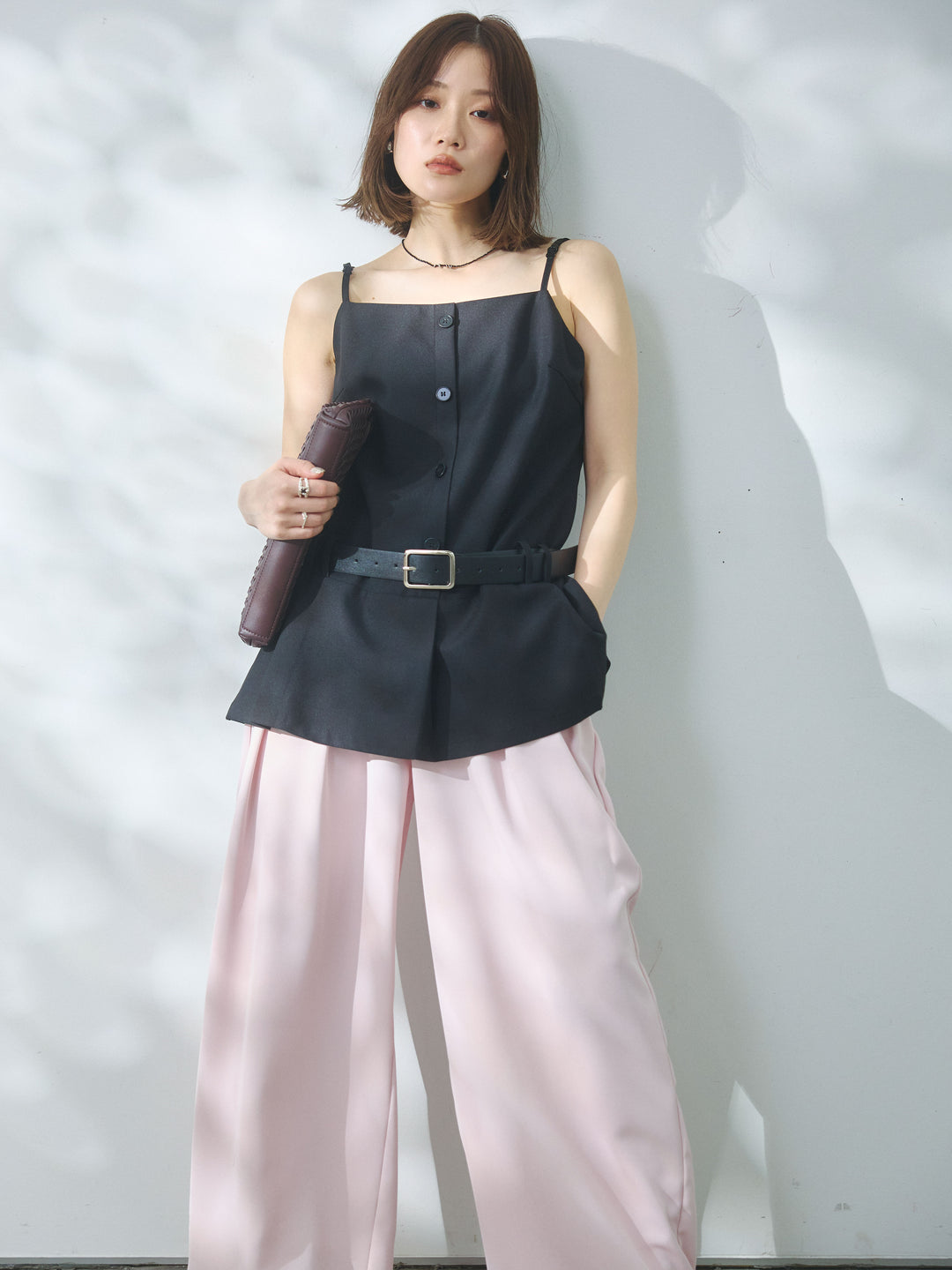 【Allure】[SET]ベルト付テーラードキャミソール+エステルツイルタックワイドパンツ(2set)