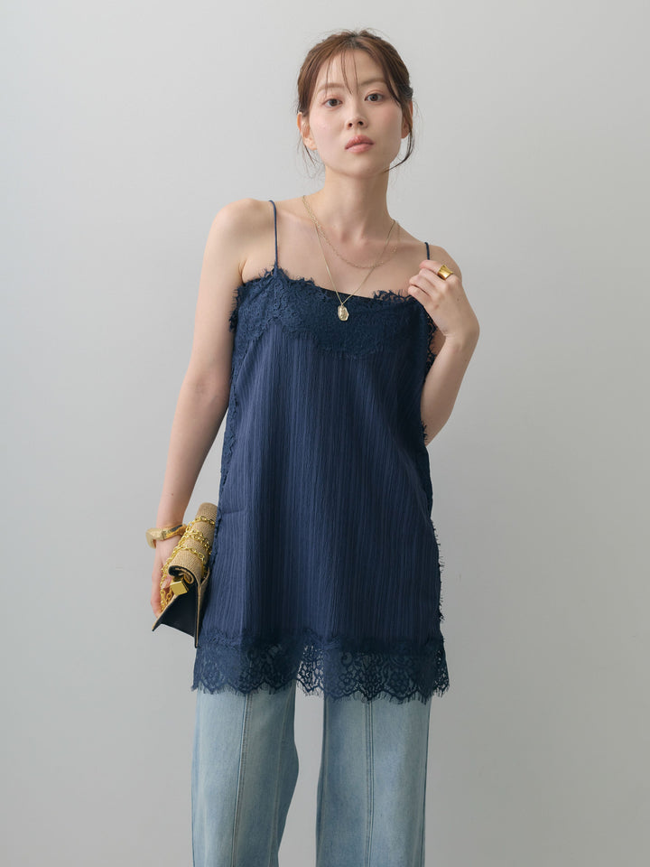[予約]ワッシャーテクスチャーレーストリムキャミソール/navy