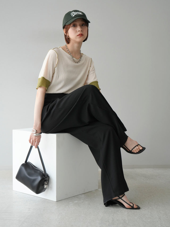 [SET] 百褶同色船領套頭衫 + 拉鍊褶襉寬褲 (2 套)