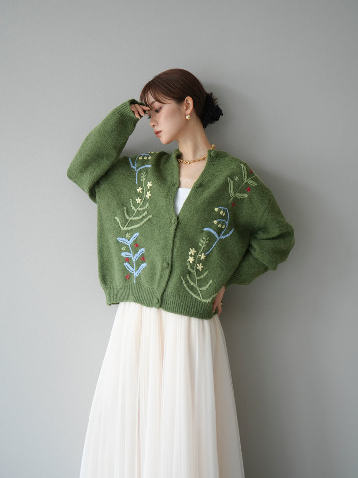 [予約]フラワー刺繍ニットカーディガン/グリーン