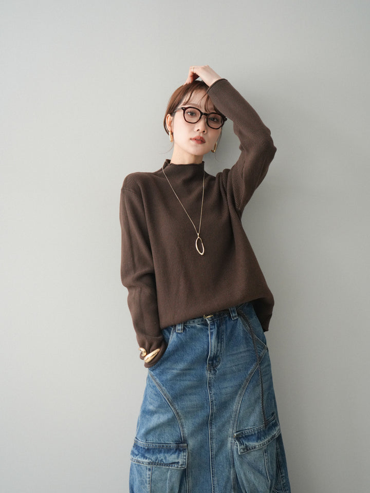 [予約]ボトルネック裾カールリブニットトップス/brown