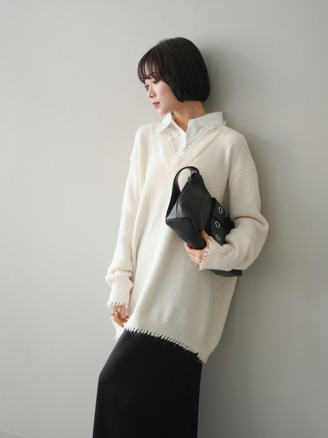 [SET]シャツドッキングVネックフリンジニットプルオーバー+選べるアクセセット(2set)