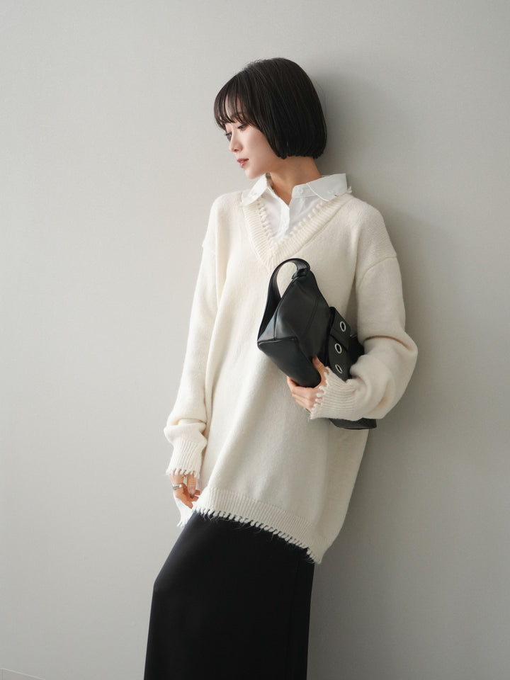 [SET]シャツドッキングVネックフリンジニットプルオーバー+選べるアクセセット(2set)