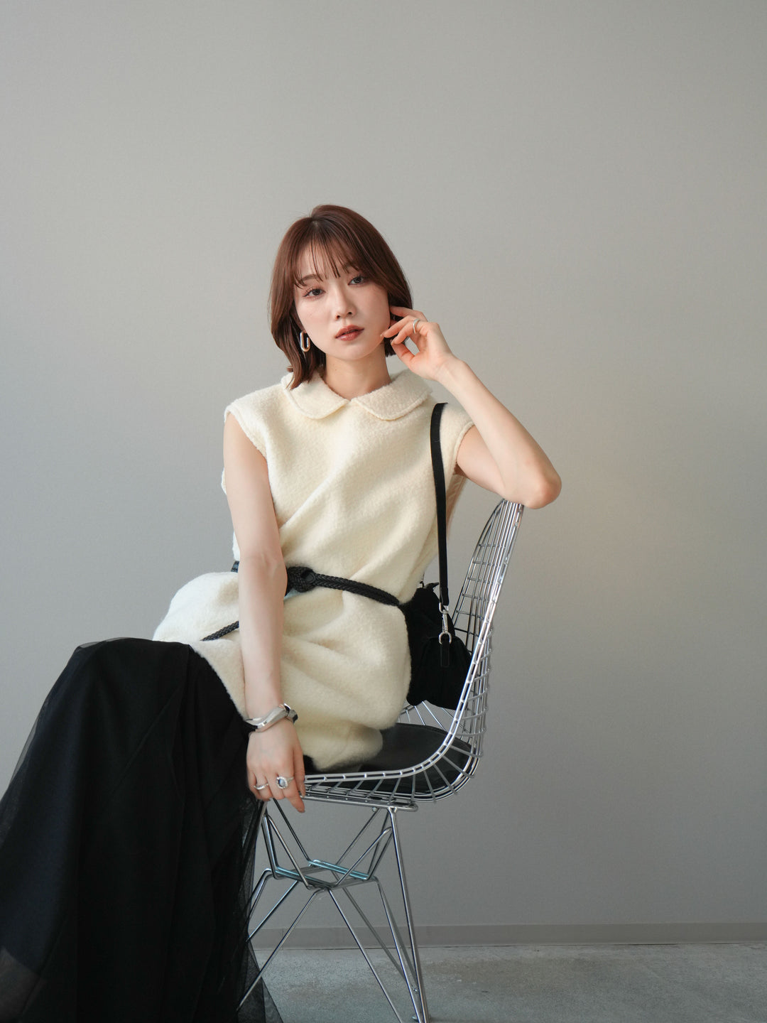 [SET]襟付きブークレミニワンピース+選べるアクセセット(2set)