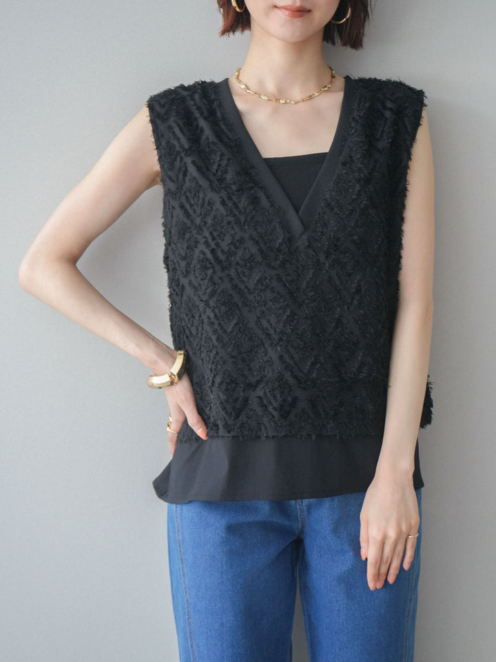 [SET]フリンジレイヤードVネックノースリーブ+フラワー刺繍ストレートデニム(2set)