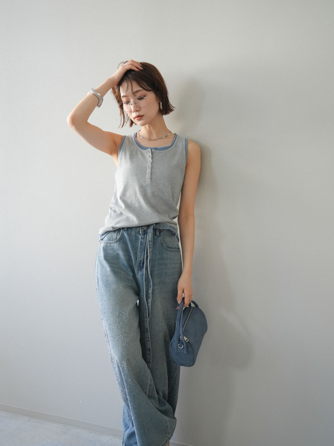 [SET]配色リブヘンリータンクトップ+ウエストベルトビジューワイドデニムパンツ(2set)
