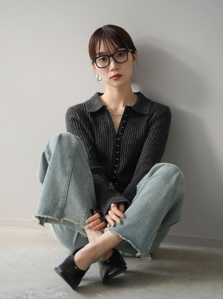 [預訂] 鉤眼細部領口針織開襟衫/炭灰