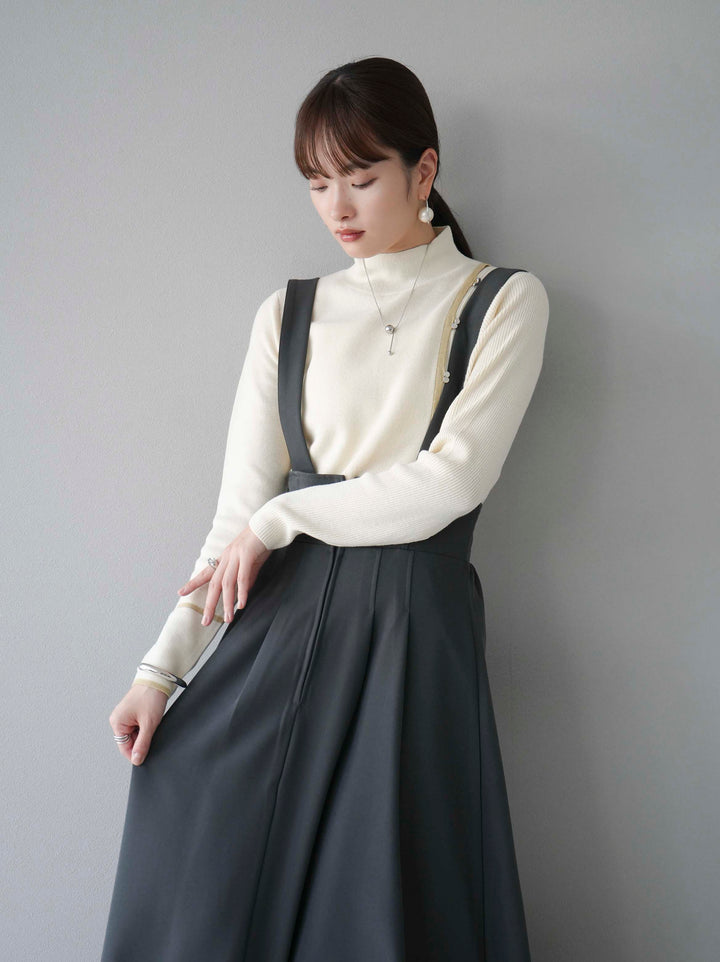 [預訂] 瓶頸配色設計紐扣針織上衣/象牙色
