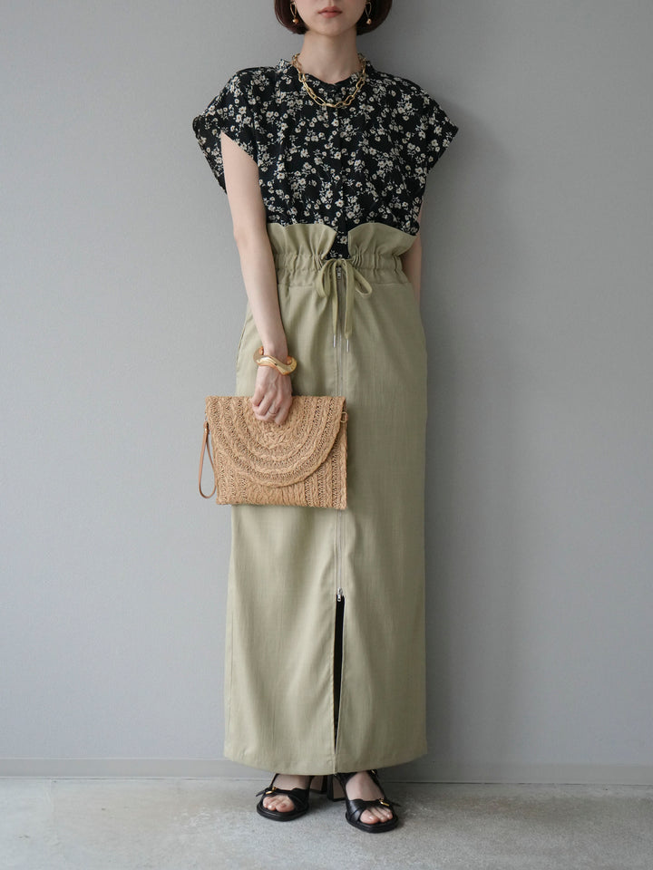 【預購】花朵印花法式袖襯衫/黑色