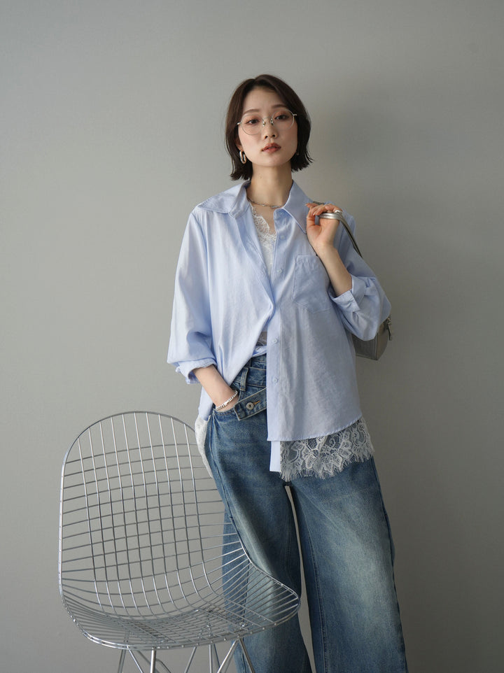 [予約]レイヤードデザイン裾レースブラウス/blue