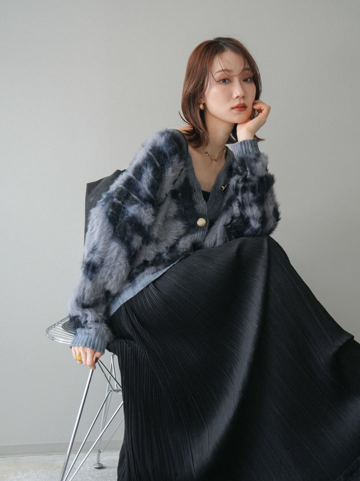 [SET]ニュアンス柄シャギーニットカーディガン+裾レーススウェードプリーツマキシスカート(2set)