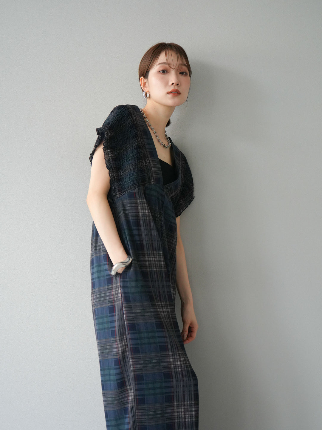 [套裝] 透視格紋褶皺背帶褲 + 配件套裝（2 套）