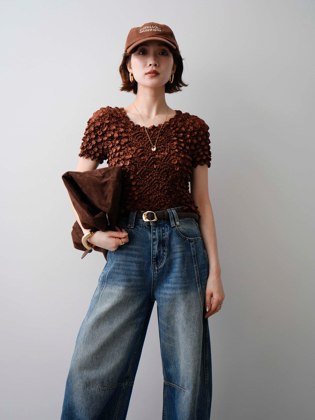 [予約]ドットスモッキングフレンチトップス/brown