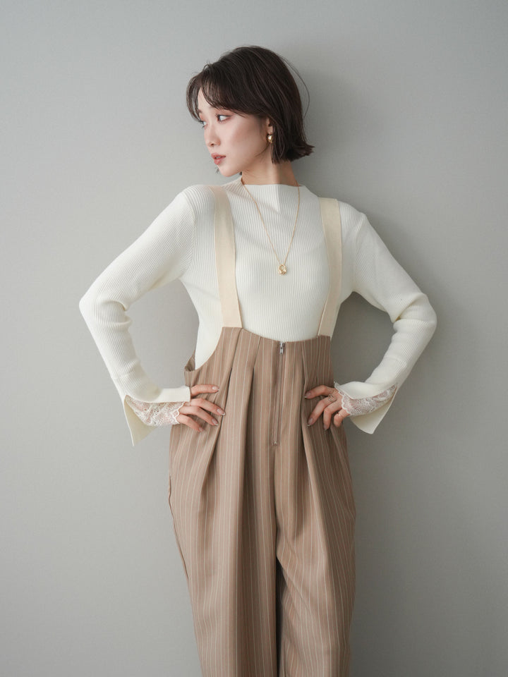 [SET]袖スカラップレースオフネックニットトップス+グログランテープストライプサロペット(2set)