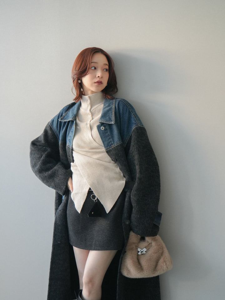 [SET]デニム切替シャギーステンカラーコート+ウールタッチベルト付ミニスカート(2set)