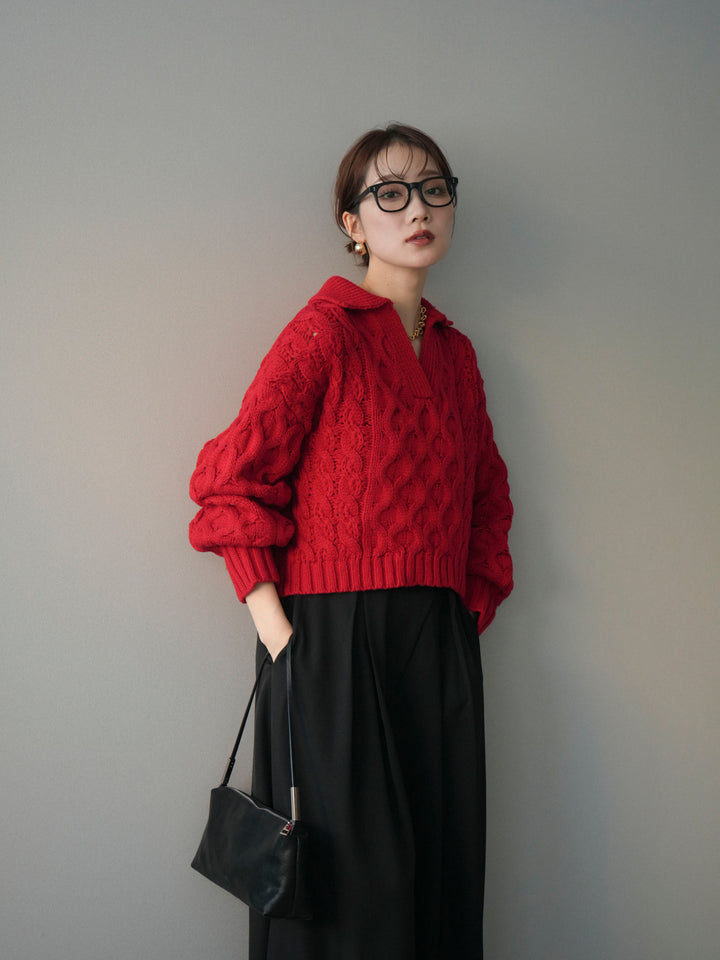 [SET]バルキーケーブルクロップド開襟プルオーバー+テープベルトタックバギーパンツ(2set)