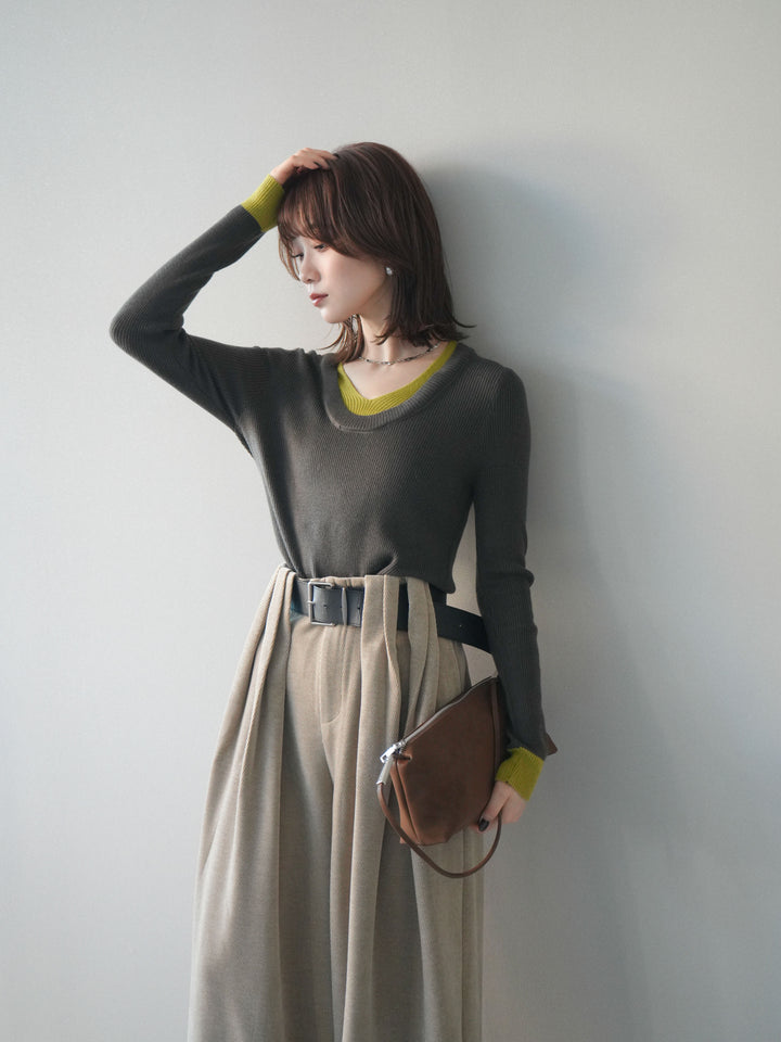 [SET]Uネック配色レイヤードリブニットトップス+ベルトデザインループコールテンワイドパンツ(ベルト付き)(2set)