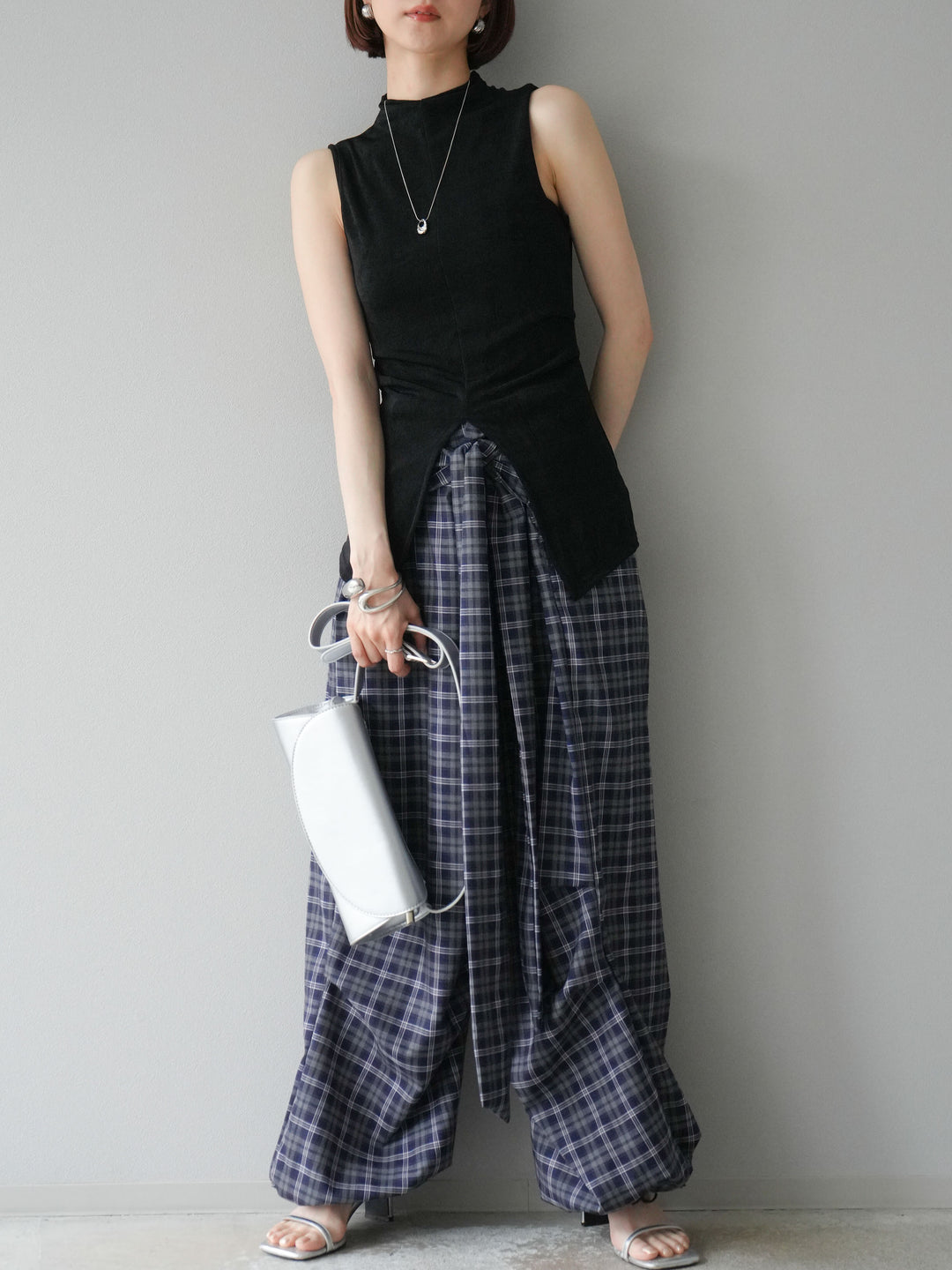 [予約]チェック柄ウエスト巻きドロストパンツ/ネイビー