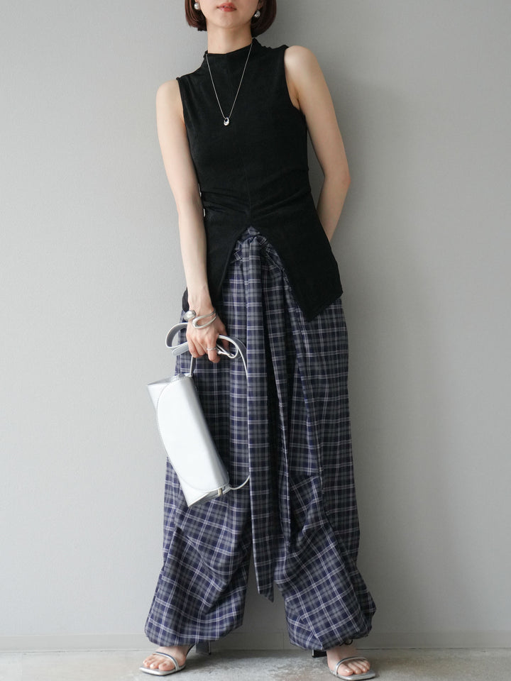 [予約]チェック柄ウエスト巻きドロストパンツ/ネイビー