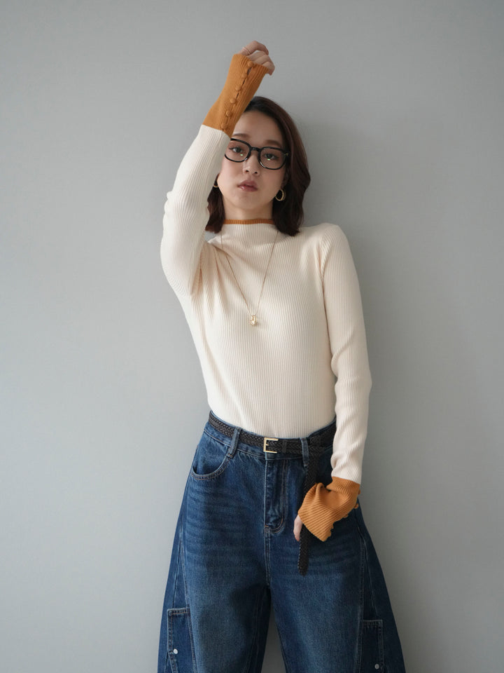 [SET]袖ボタンハイネック配色リブニットトップス+選べるアクセセット(2set)