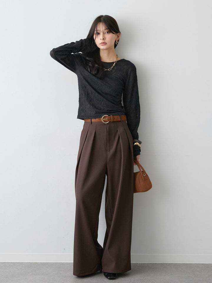 [SET]カットレースバックオープントップス+ツイルタックワイドパンツ(2set)