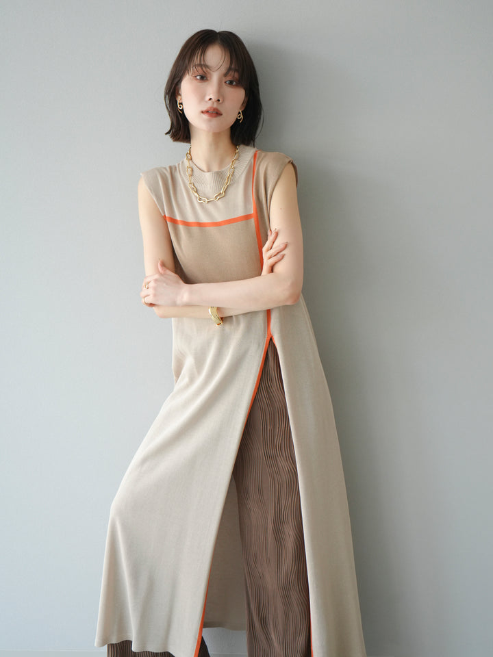 [SET] 配色開衩針織洋裝 + 波浪滾邊休閒褲 (2件套)