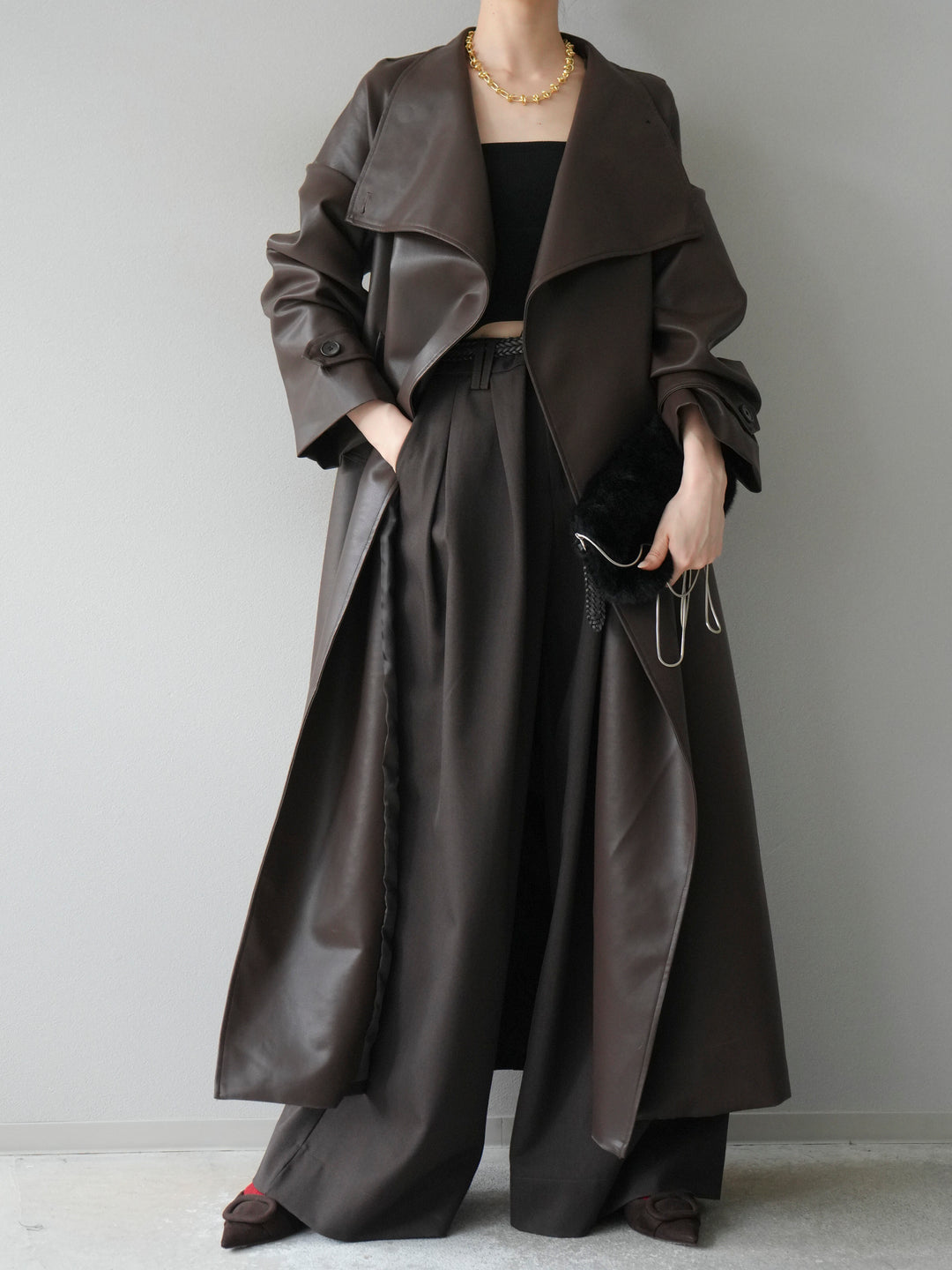 [予約]BIGカラーレザーロングコート/ブラウン