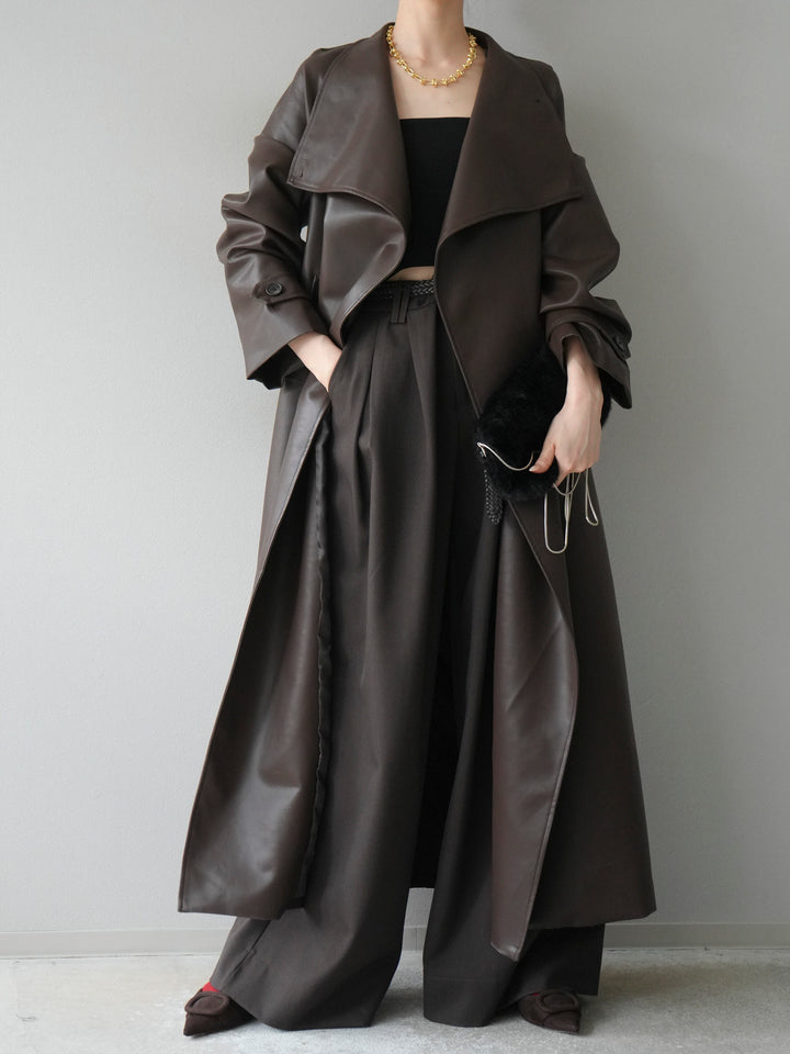 [予約]BIGカラーレザーロングコート/ブラウン