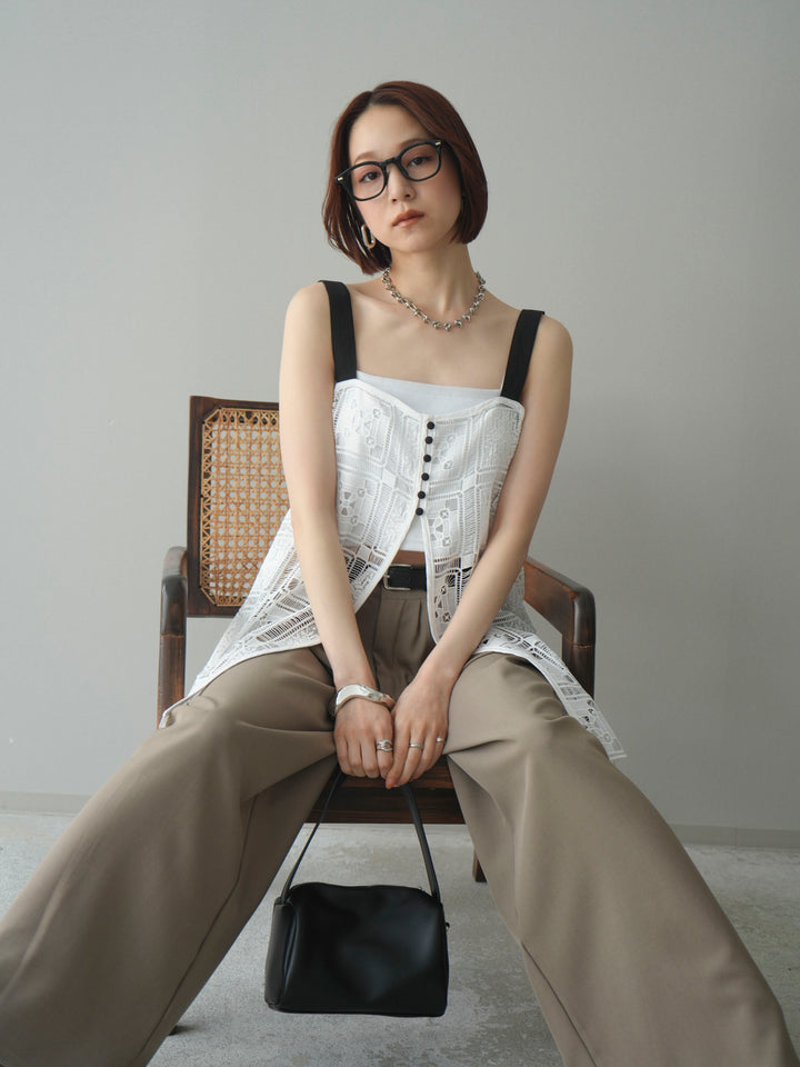 [SET]配色パネルレースキャミソール+ベルト付キーホルダーモチーフワイドパンツ(2set)