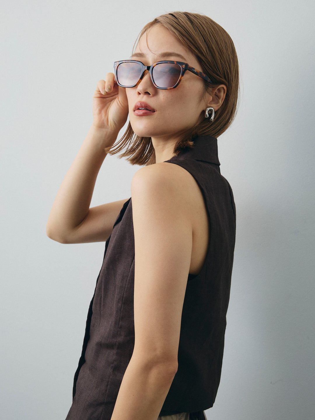 [予約]リネンライクテーラードジレ/ブラウン