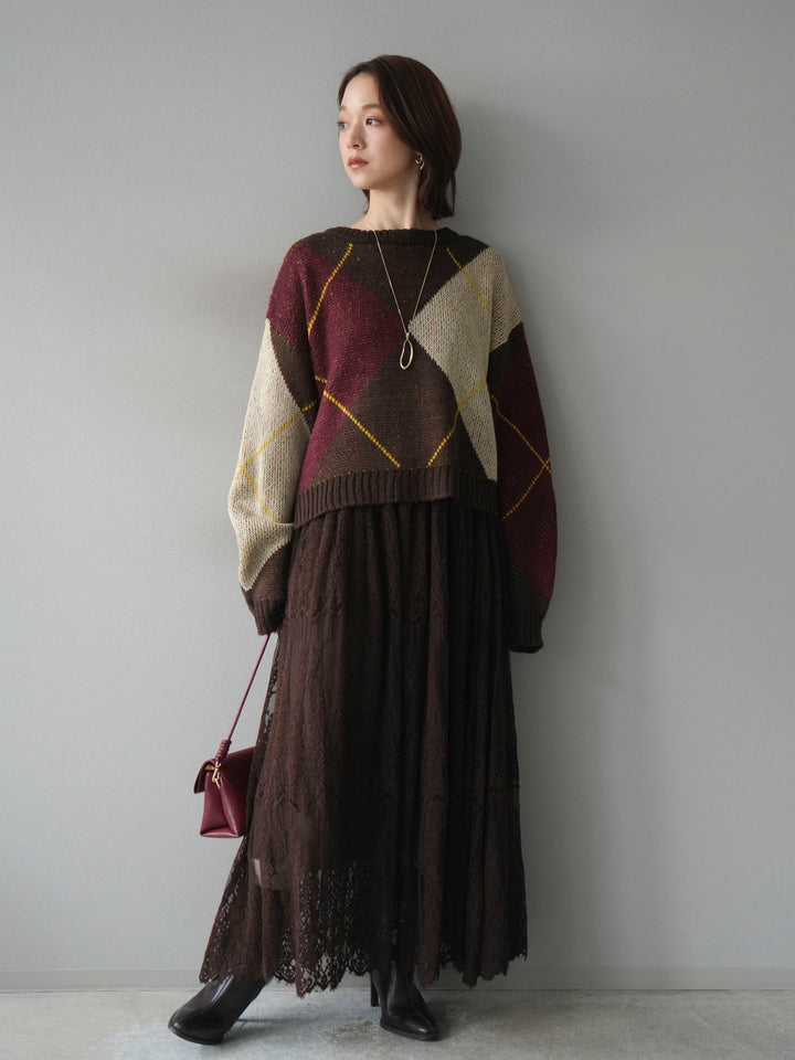 [SET]配色ステッチアーガイル柄ニットプルオーバー+ヴィンテージライクメッシュレーススカート(2set)