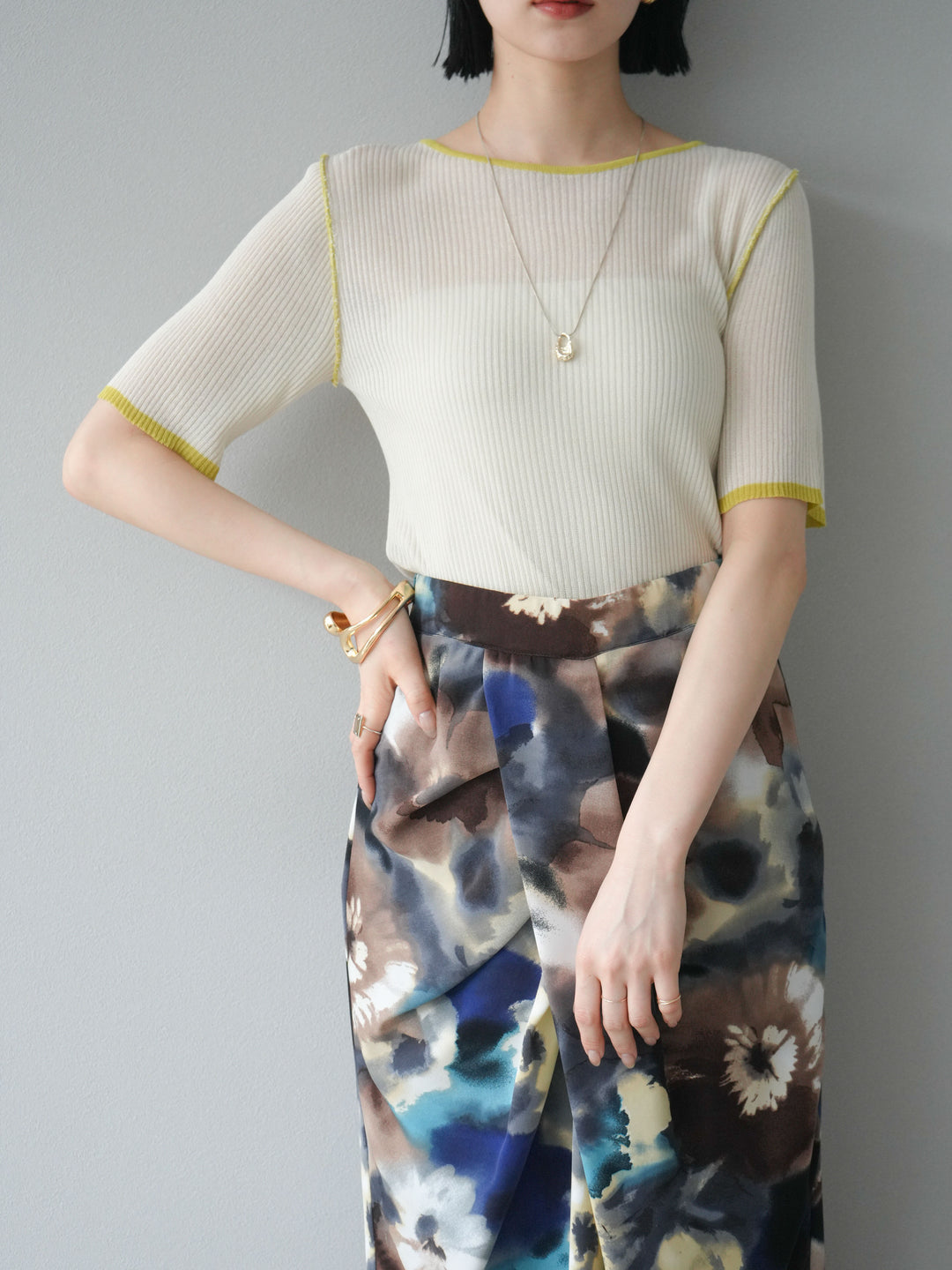 [予約]麻タッチ配色ニットハーフスリーブトップス/アイボリー