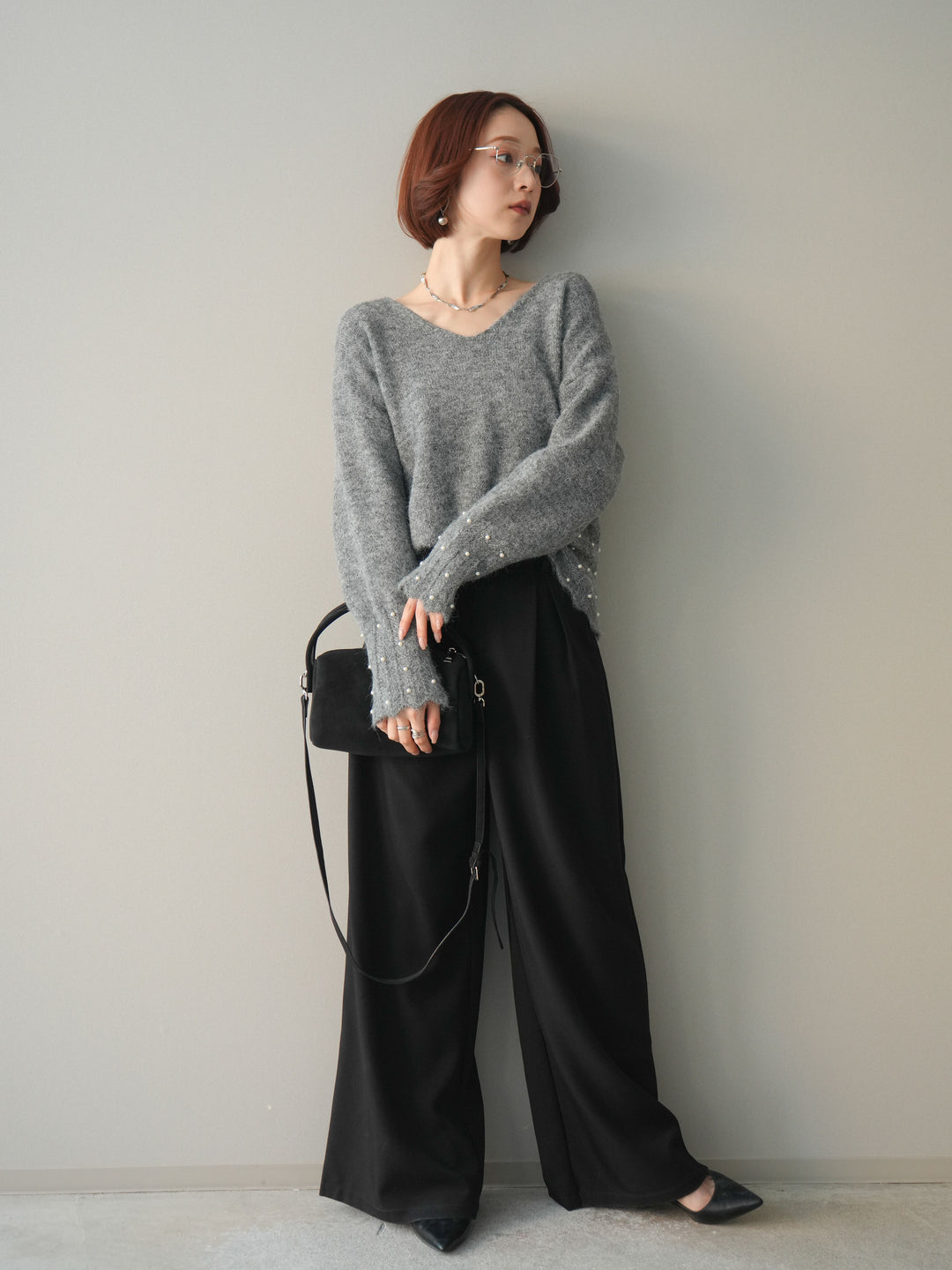 [予約]ウエストレースタックワイドパンツ/black