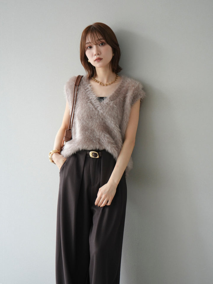 [SET]ラメシャギーVネックニットベスト+ベルトループデザインワイドパンツ(2set)