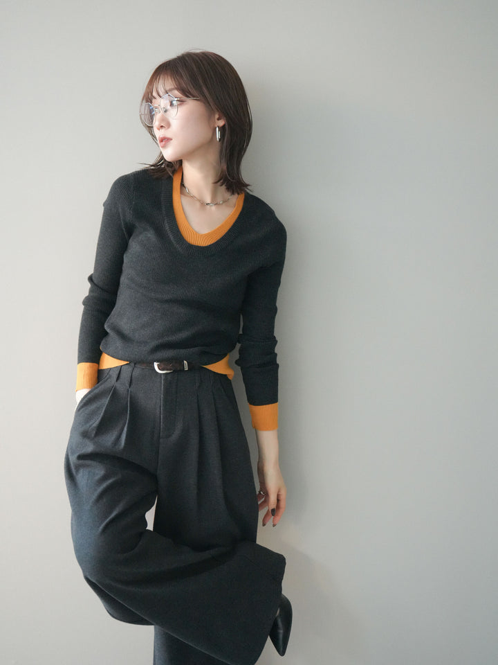 [予約]Uネック配色レイヤードリブニットトップス/charcoal