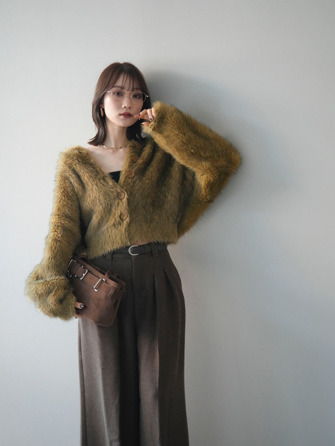 [予約]ミックスシャギーショートニットカーディガン/green