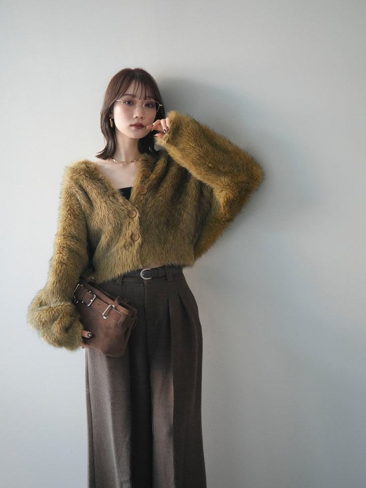 [予約]ミックスシャギーショートニットカーディガン/green